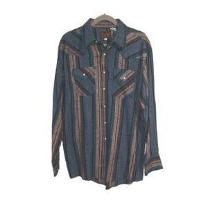 PLAINS WESTERN WEAR Denim Stripe Flannel MEN'S PEARL SNAP Shirt Lg Cowboy Rodeo